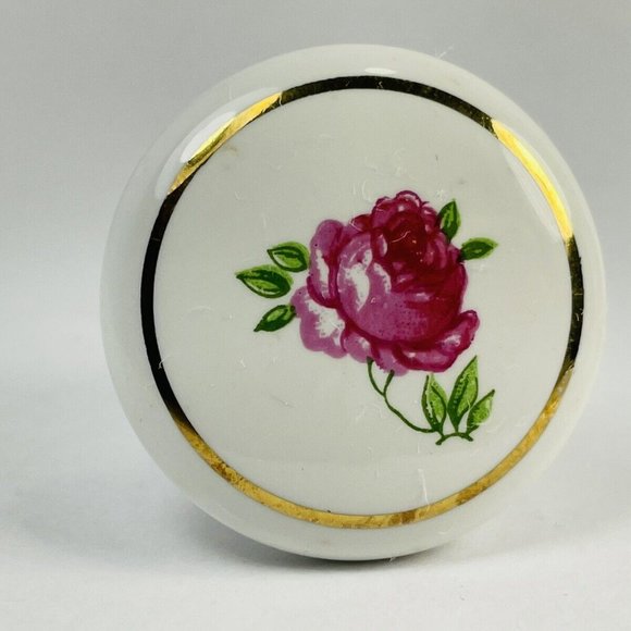 Vintage Japan White Porcelain Drawer Knobs Pulls Pink Tea Rose Gold Trim Set 2 - Picture 2 of 11